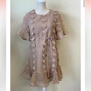 iso of Tan Polka-Dot Short Sleeve Dress with Ruffle sleeve